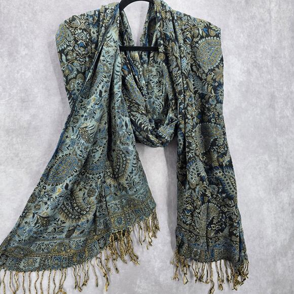 SJ Collection Blue Floral Pashmina Fringe Floral Long Shawl Scarves Wrap Scarf - Picture 5 of 7